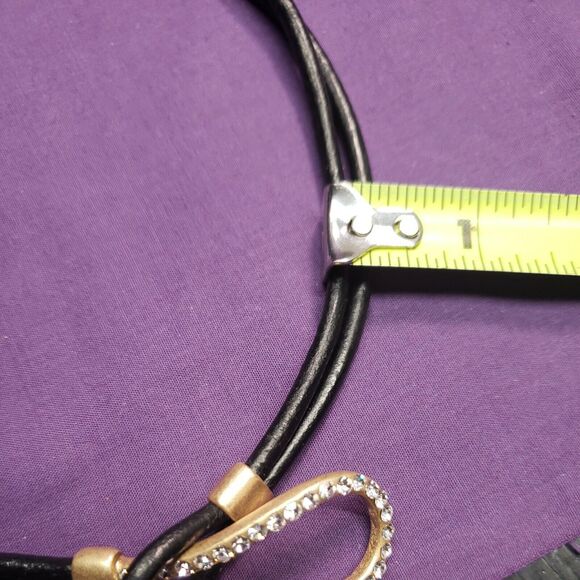 Unique Necklace Interlocking Front Rhinestone Toggle Accent Gold Tone Black Cord - Picture 9 of 9